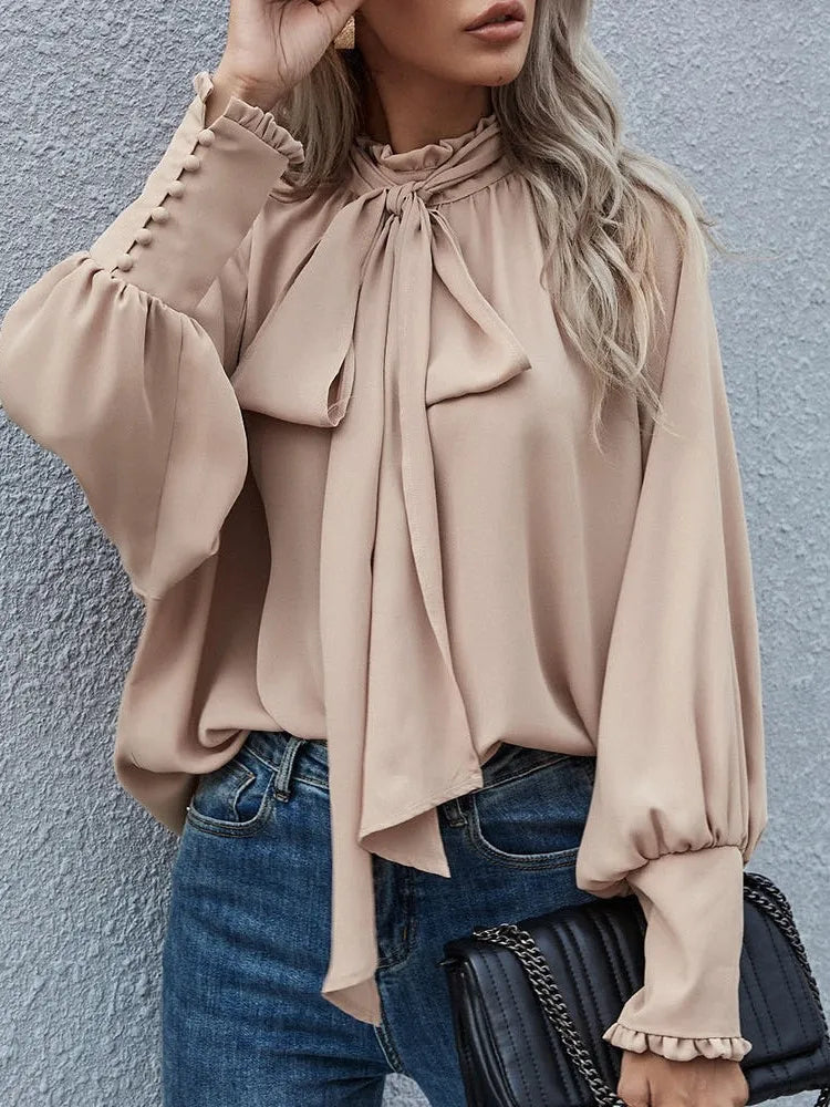 Spring Autumn Women's New Fashion High Collar Bow Tie Bubble Long Sleeve Casual Loose Versatile Round Neck Top