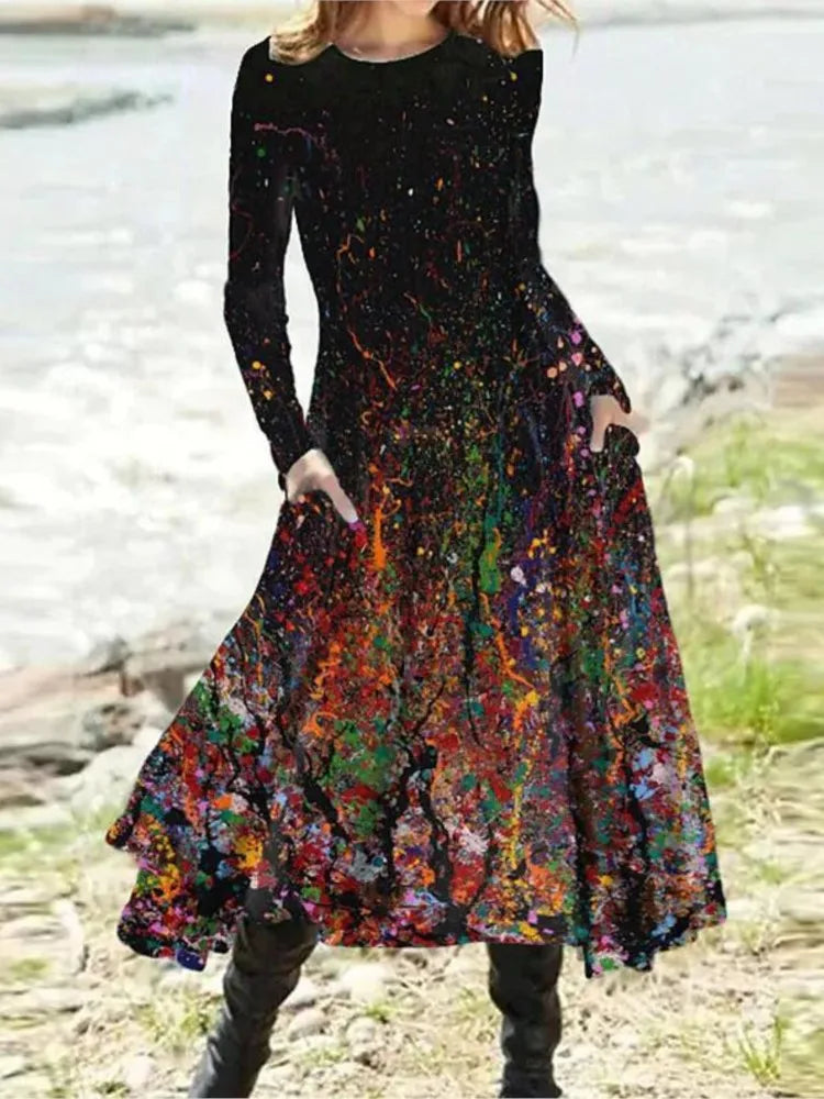 Women's Autumn Winter New Style Long Sleeved Fashionable Bohemian Printed Long Skirt Multiple Ribbon Pockets Large Swing Dress