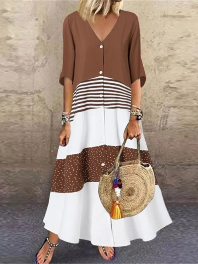 Women's Spring Summer New Style Sexy V-neck Fashion Printed Long One Shoulder Dress Casual Loose Five Sleeve Long Dress