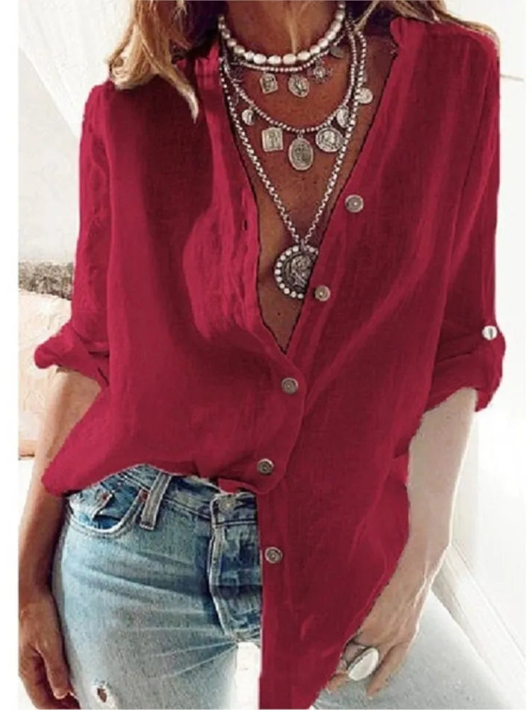 Women's Autumn New Solid Color Cotton Foldable Sleeves Loose Sexy V-neck Button Casual Comfortable Long Sleeve Top For Women
