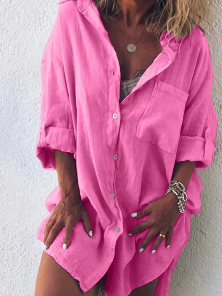 Women's Summer New Fashion Cotton Linen Pocket Beach Button Long Sleeved Shirt Casual And Comfortable Plus Size Women's Clothing