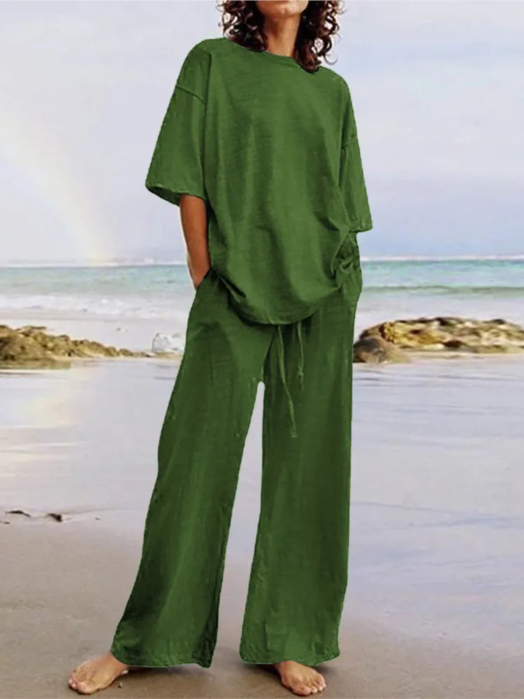2024 Summer Fashion Women's Two Piece Casual Belt Pocket Set Half Sleeve O-Neck Top And Strap Wide Leg Pants Pants Set