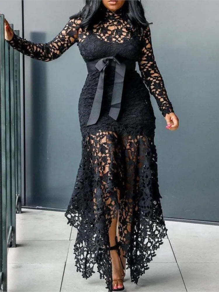 2024 Spring New Fashionable French Lace Stand Up Collar  Bubble Sleeves Waist Cinching Slimming Dress Elegant Long Dress