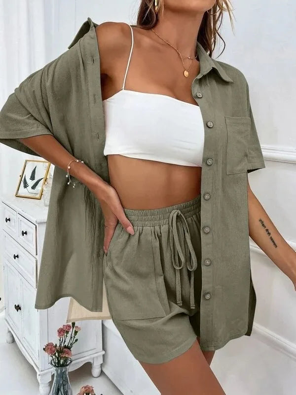 Ladies Casual Suit Summer Women's Fashion Casual Loose Single Breasted Shirt Short Sleeve Shorts Two Piece Set