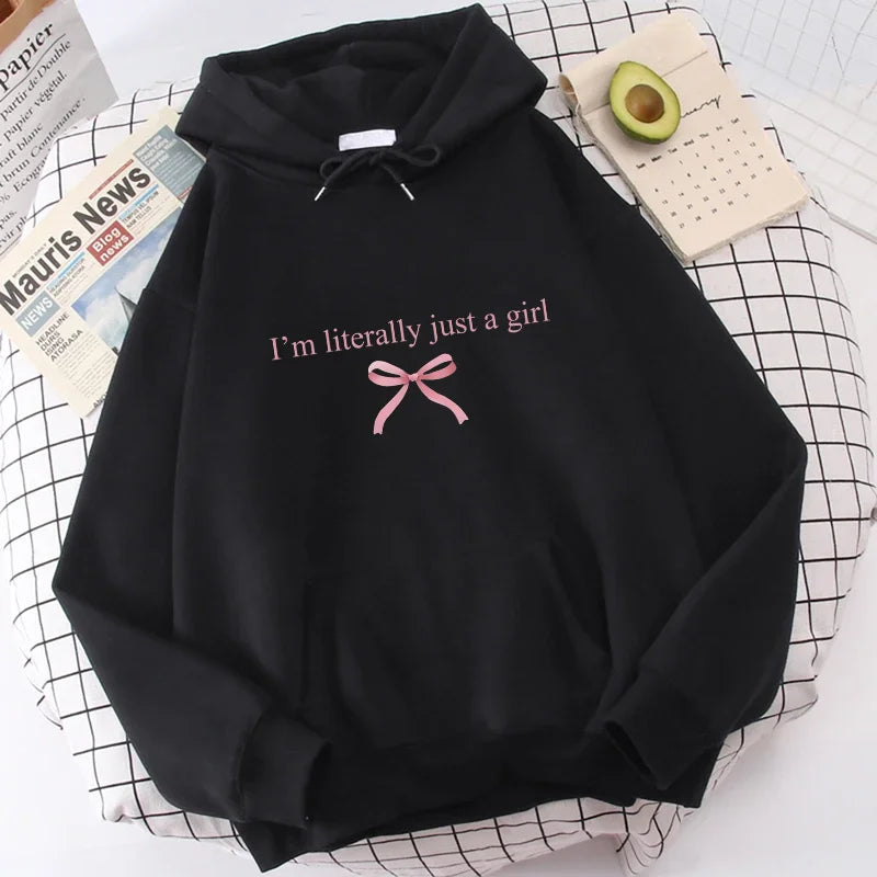 I'm Literally Just A Grill and Pink Bow Print Pattern for Autumn and Winter Women's Hooded Sweatshirt Fashion Casual Clothing