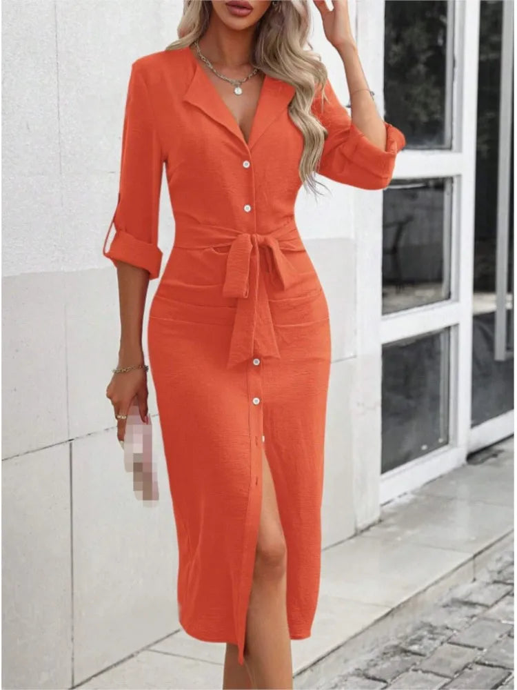 2024 Women's New Autumn Solid Color Lapel Waist Cinching Lace Up Temperament Sexy Slit Single Breasted Dress For Women