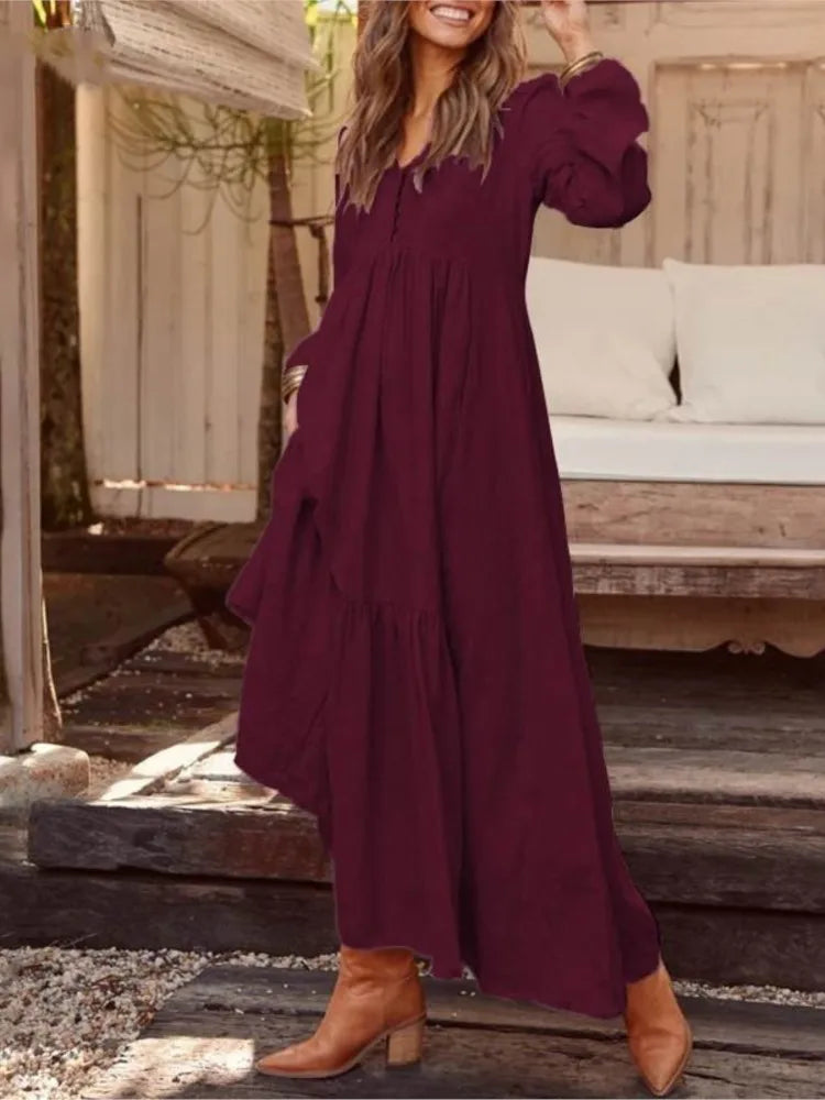 Autumn Winter New Women's Button Cotton Linen Retro Casual Long Sleeved Dress With Large Swing Long Skirt And Pocket Multi-color