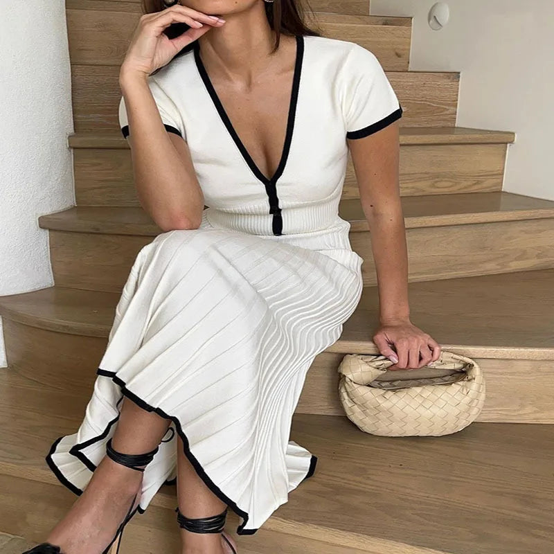 Spring Summer Women White long Skirt Suit Short Sleeve V-neck crop top pleated set elegant dress 2 piece skirt set Outwear