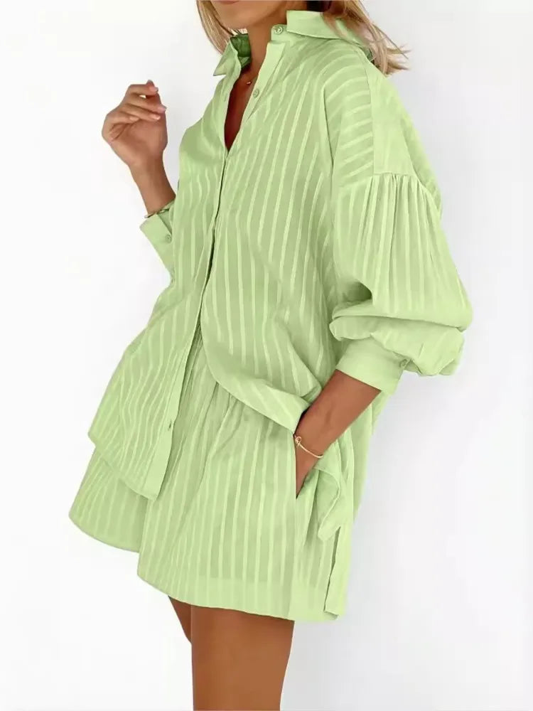Shirt Jacquard 2024 Autumn Winter Women's Striped Fashion Bubble Sleeve Shorts