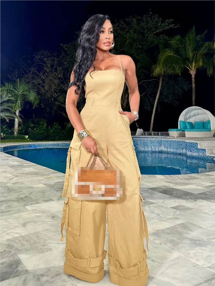 Women's Clothing 2025 Spring Summer New Sexy Sleeveless Solid Color Casual Multi Pocket Workwear Jumpsuit