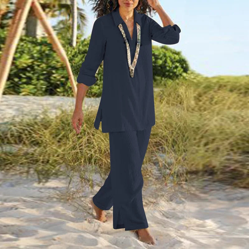Summer Women's Sexy V-neck National Style Retro Long-sleeved Trousers Suit Casual Loose Cotton Linen Suit Solid Color