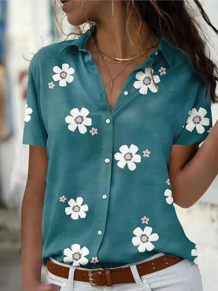 Women's Spring Summer New Style Slimming Fashion Flower Printed Short Sleeve Collar Loose Casual Comfortable Button Shirt