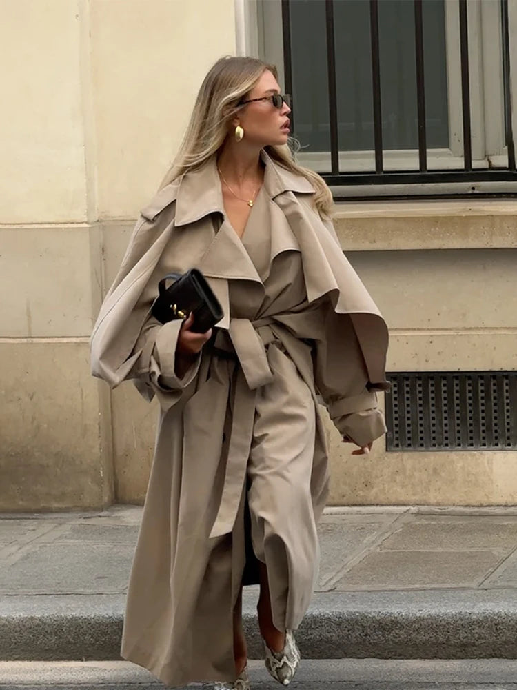 Women Lace Up Shawl Sleeve Windbreaker Fashion Solid Lapel Single Breasted Loose Trench Coat 2025 Autumn Lady Commuter Outwear