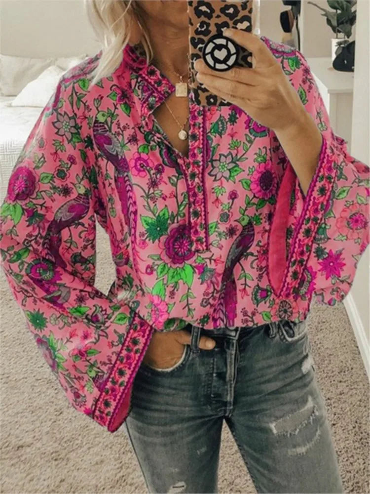 Women's Spring Autumn New Fashion Printed Shirt Button Open Loose Long Sleeve Stand Up Collar Casual Comfortable Shirt