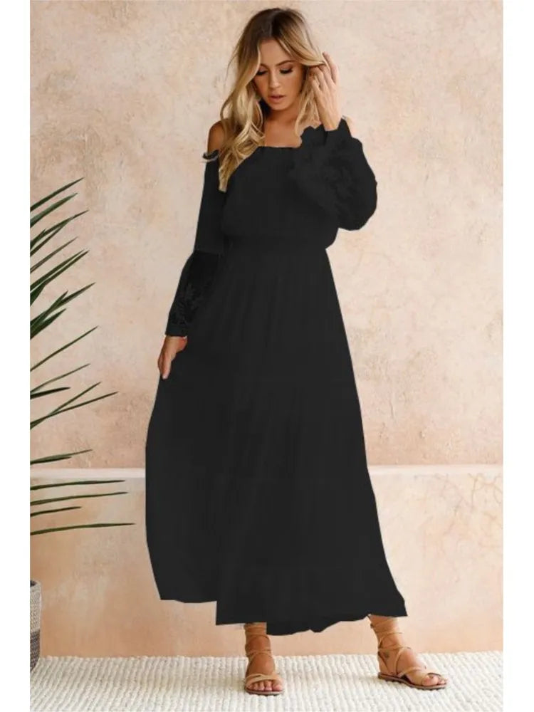 Spring Summer Women's New Fashionable One Neck Off Shoulder Lace Patchwork Sexy Hollow Out Ankle Dress For Women