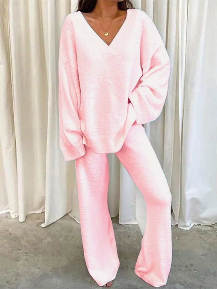 Winter Women's New Comfortable Solid Color Sexy V-neck Casual Daily Home Warm Long Sleeved With Pocket Pants Two-piece Set