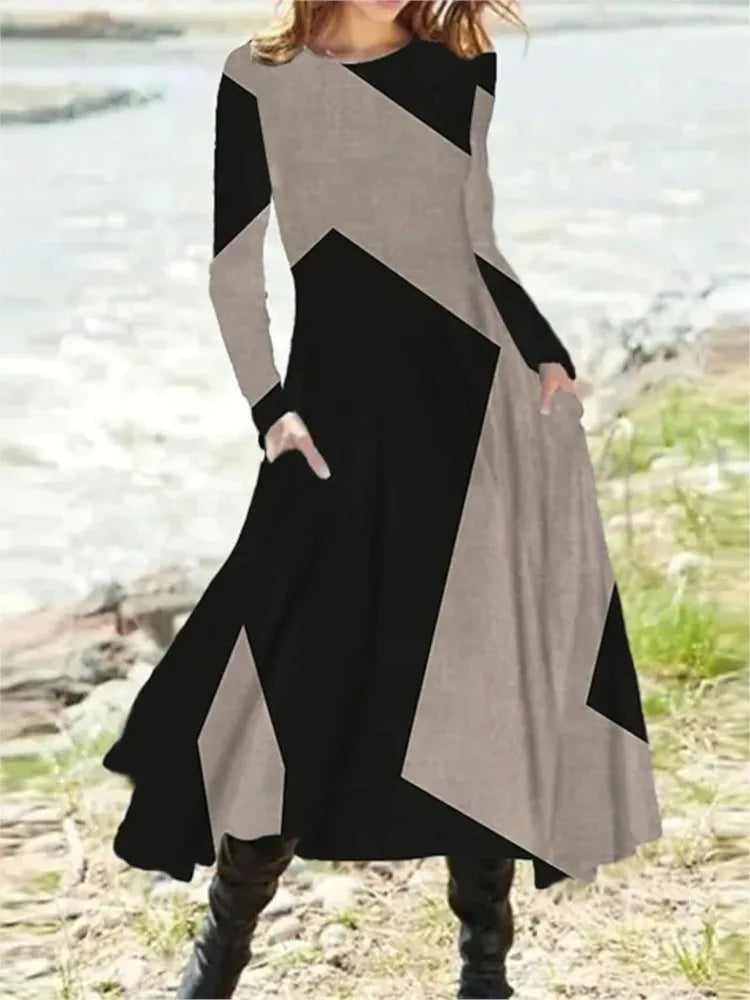 Women's Clothing Autumn Winter New Style Casual Ethnic Style Retro Fashion Printed Long Sleeved Oversized Swing Long Skirt