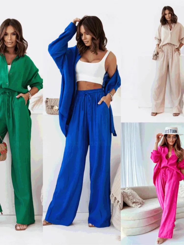 Women's Spring Summer New Collection Solid Color Casual Fashion Button Shirt Long Sleeve Strap Pants With Pocket Set For Women