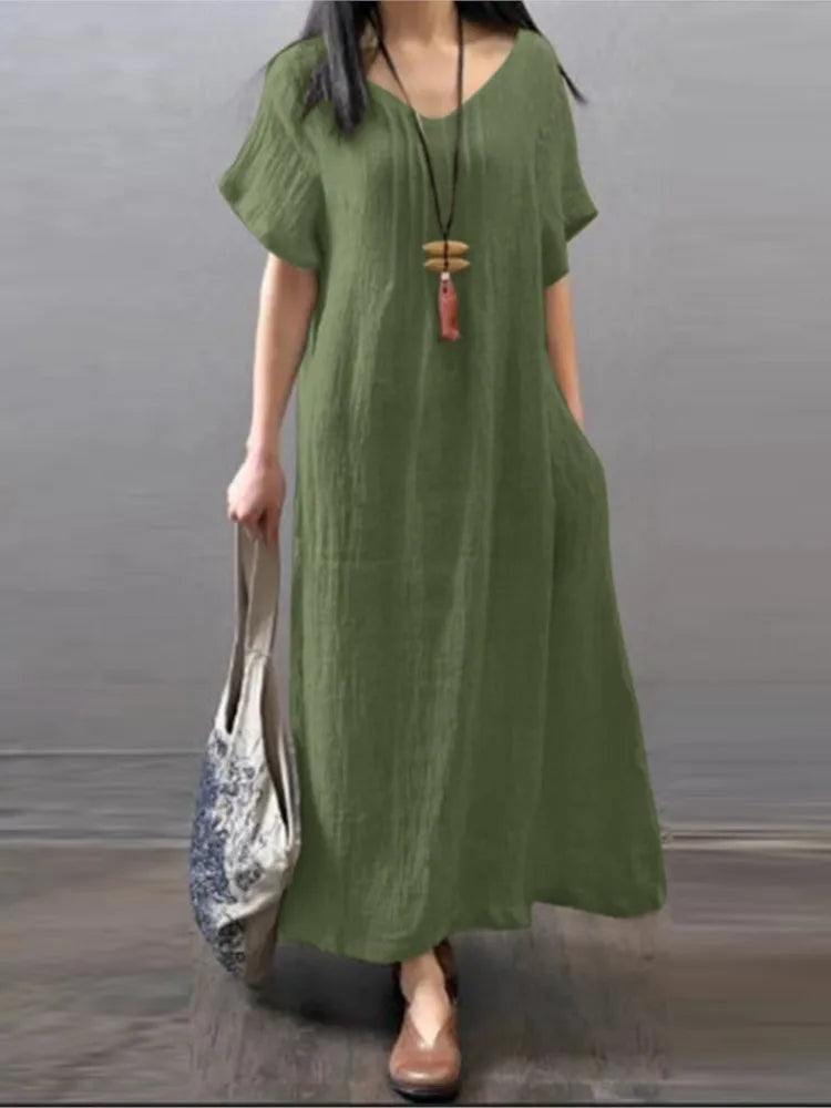 Spring Summer Women's New Cotton And Linen Loose Casual Sexy V-neck Solid Color Pocket A-line Dress Women's Clothing