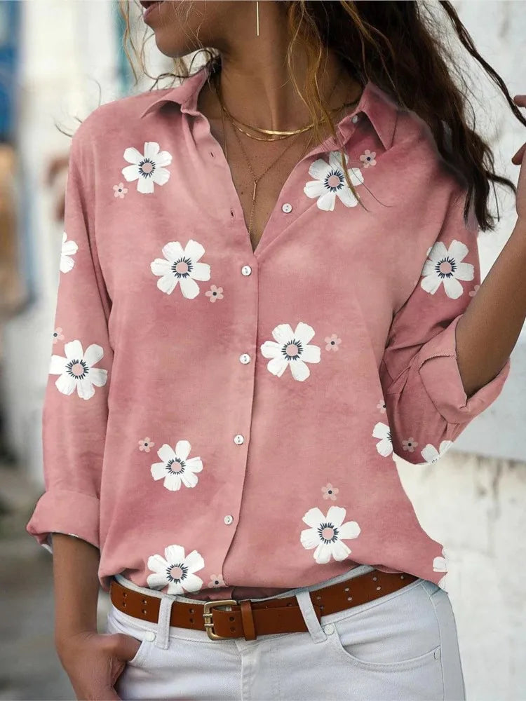 Spring Summer Women's Clothing New Fashion Floral Print Lapel Long Sleeved Shirt