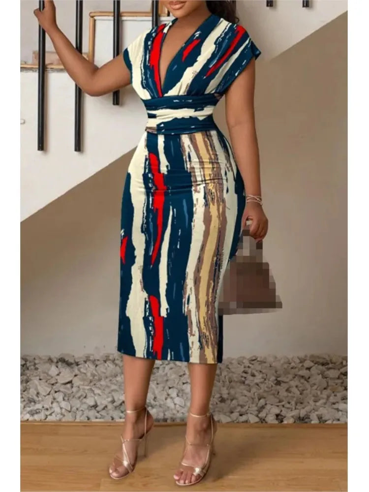 Dresses For Women Summer New V-neck Slim Hip-hugging Sexy Printed Women's Dress Office Mid-length Dress